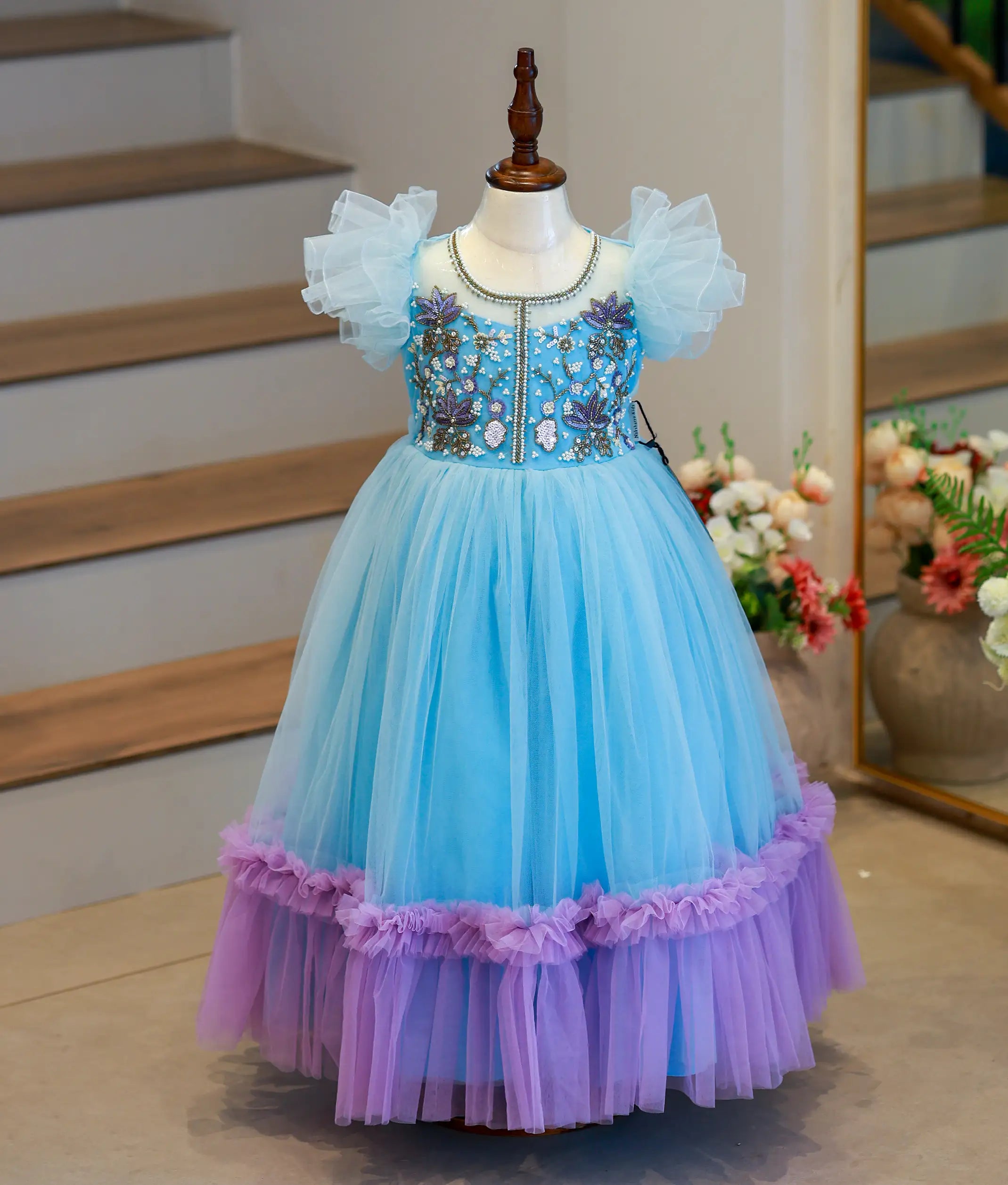 Blue Tulle Net Handworked Birthday Frock For Baby Girl [Ready To Ship: 7170A]