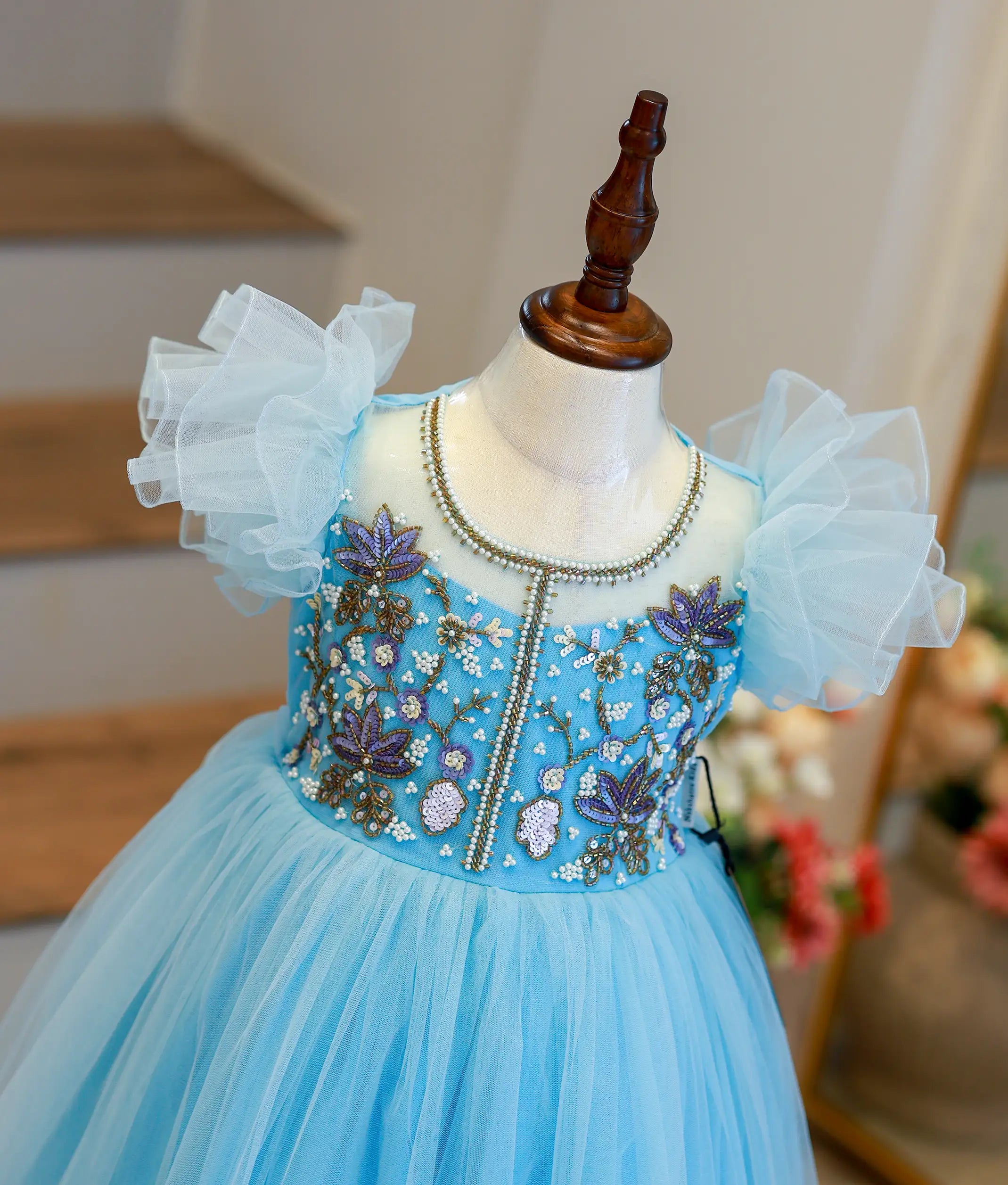 Blue Tulle Net Handworked Birthday Frock For Baby Girl [Ready To Ship: 7170A]