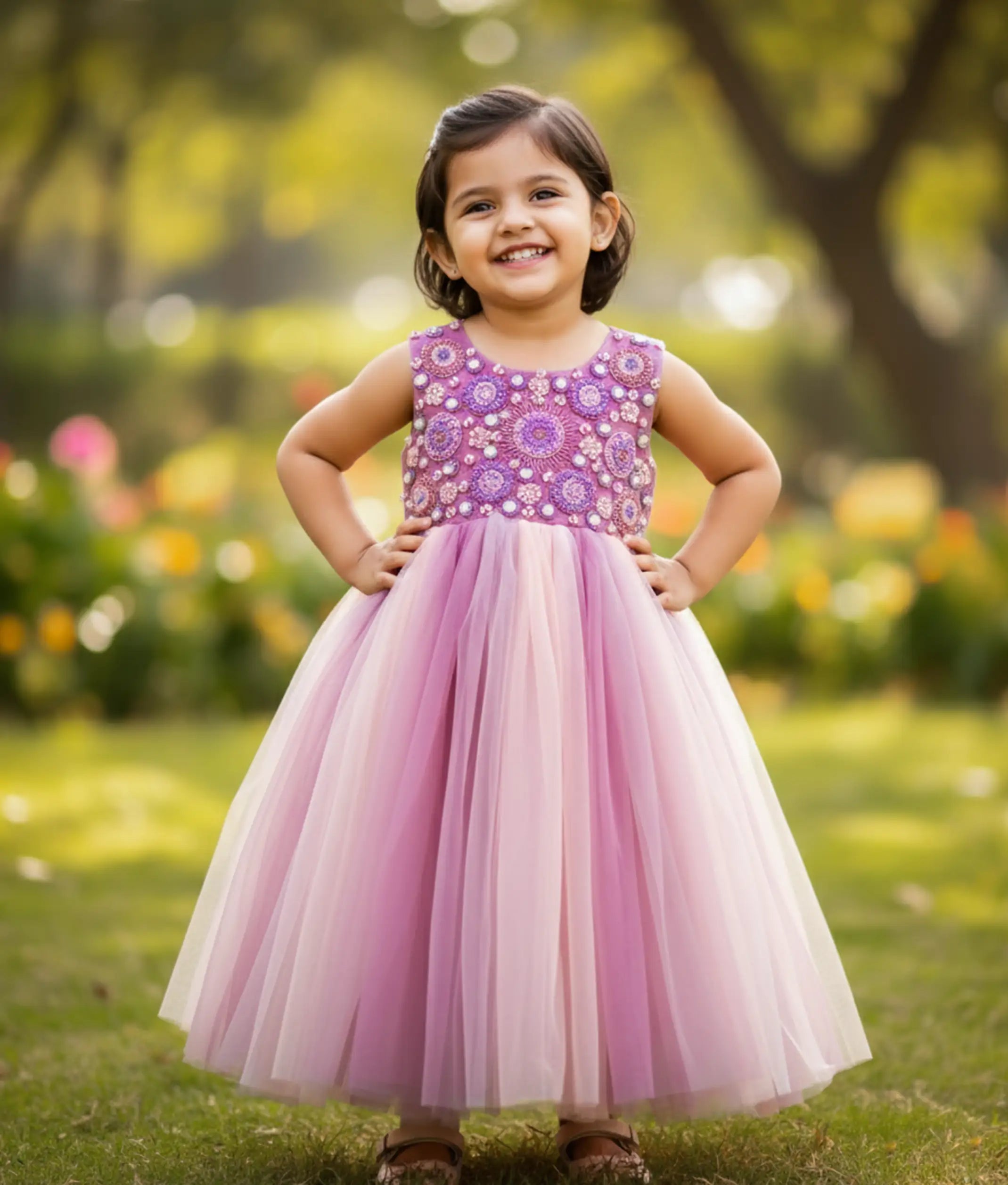 Pastel Lavender Tulle Net Handworked Birthday Gown For Baby [Ready to ship:7253]