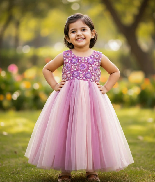 Pastel Lavender Tulle Net Handworked Birthday Gown For Baby [Ready to ship:7253]