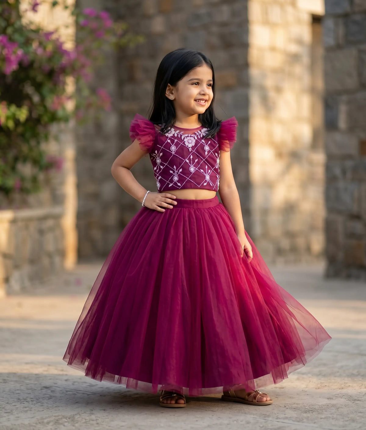 Grape wine Handworked Crop Top with Full Length Skirt For Baby Girl[7285]
