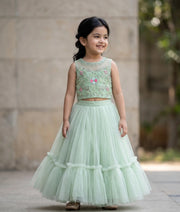 Pastel Green Tulle Net Handworked Crop Top with Full Length Skirt For Baby Girl [7329]