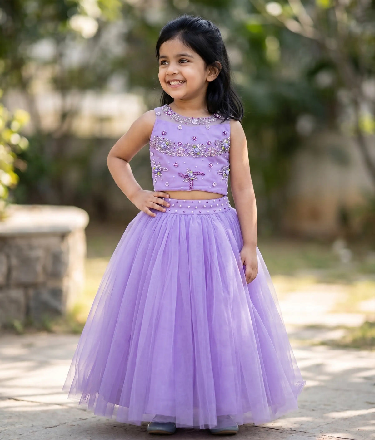 Lavender Handwork Crop Top with Full Length Skirt For Baby girl  [7347]