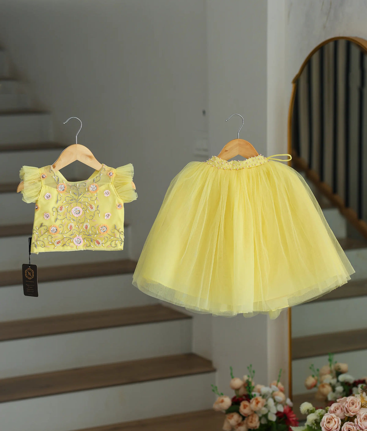 Pastel Yellow Handworked  Crop Top With Full Length Skirt  For Baby Girl [7349]