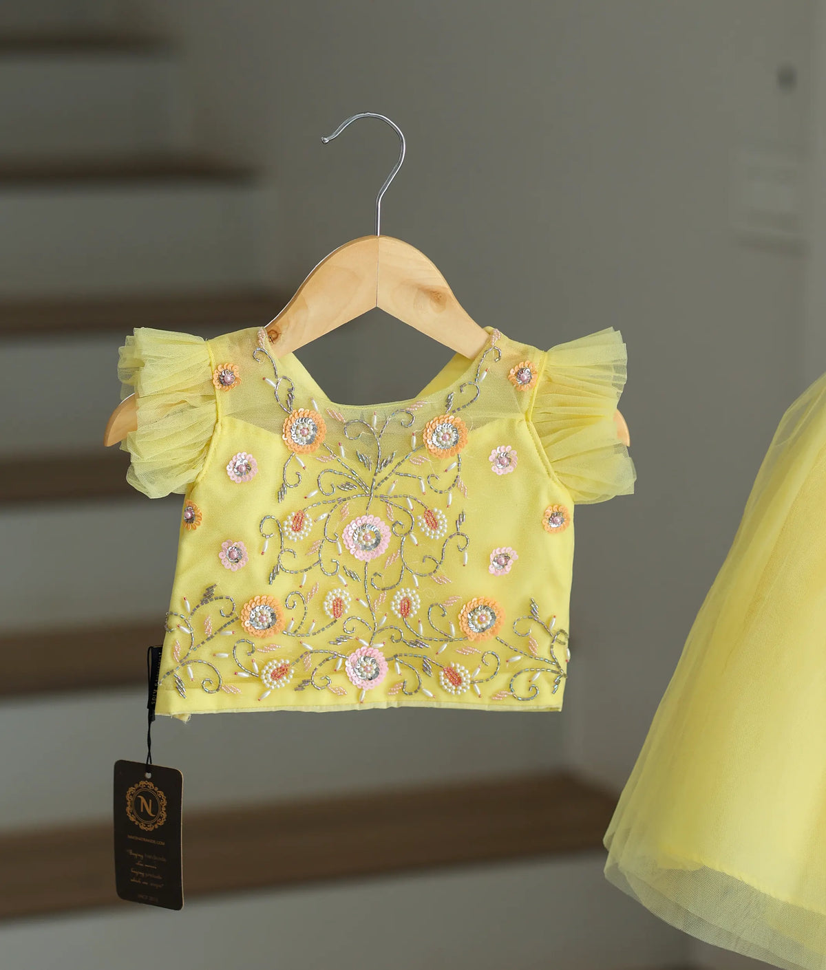 Pastel Yellow Handworked  Crop Top With Full Length Skirt  For Baby Girl [7349]
