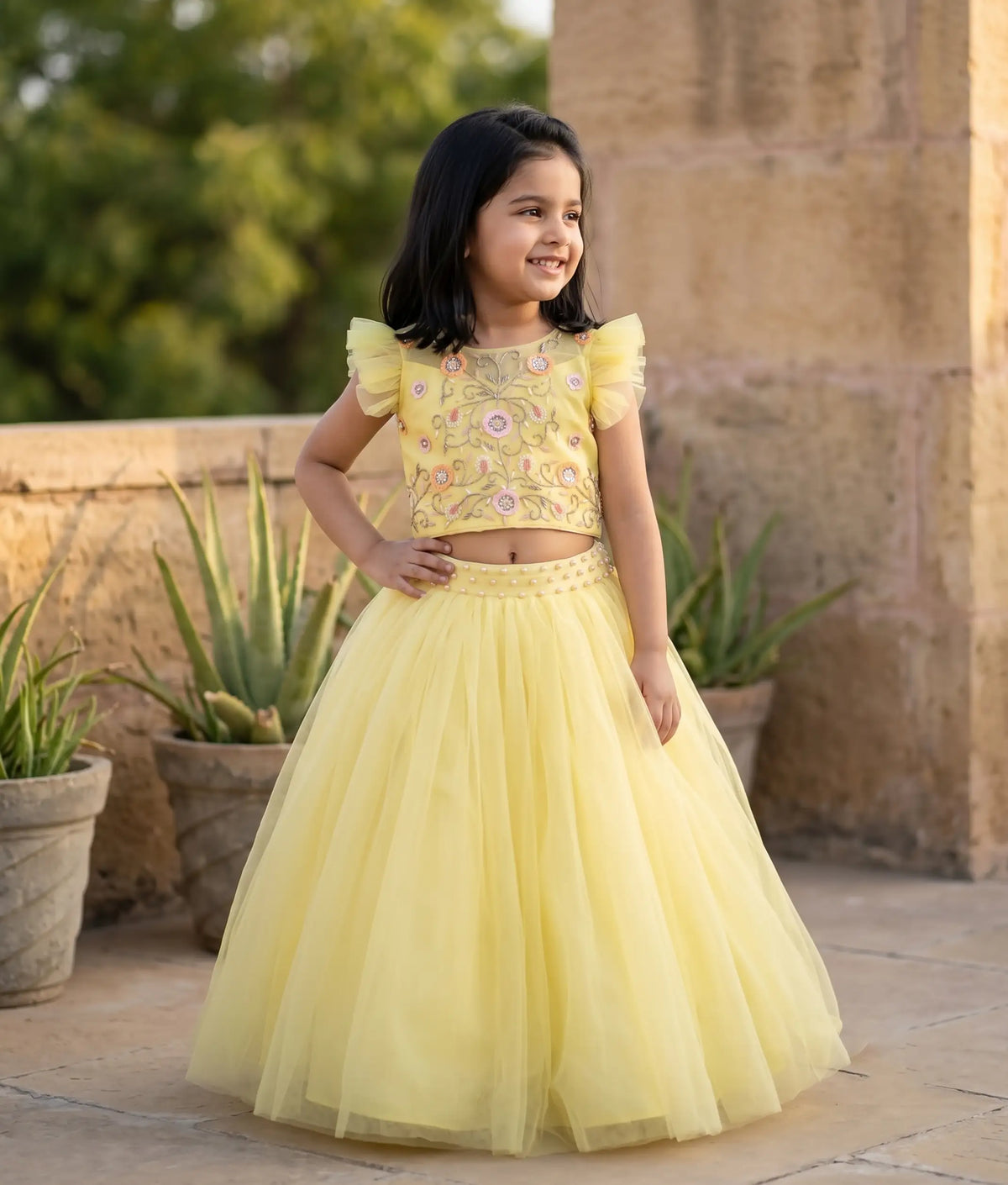 Pastel Yellow Handworked  Crop Top With Full Length Skirt  For Baby Girl [7349]