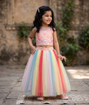Peach Top With Multicolor Tulle Skirt For Baby Girl [7350]