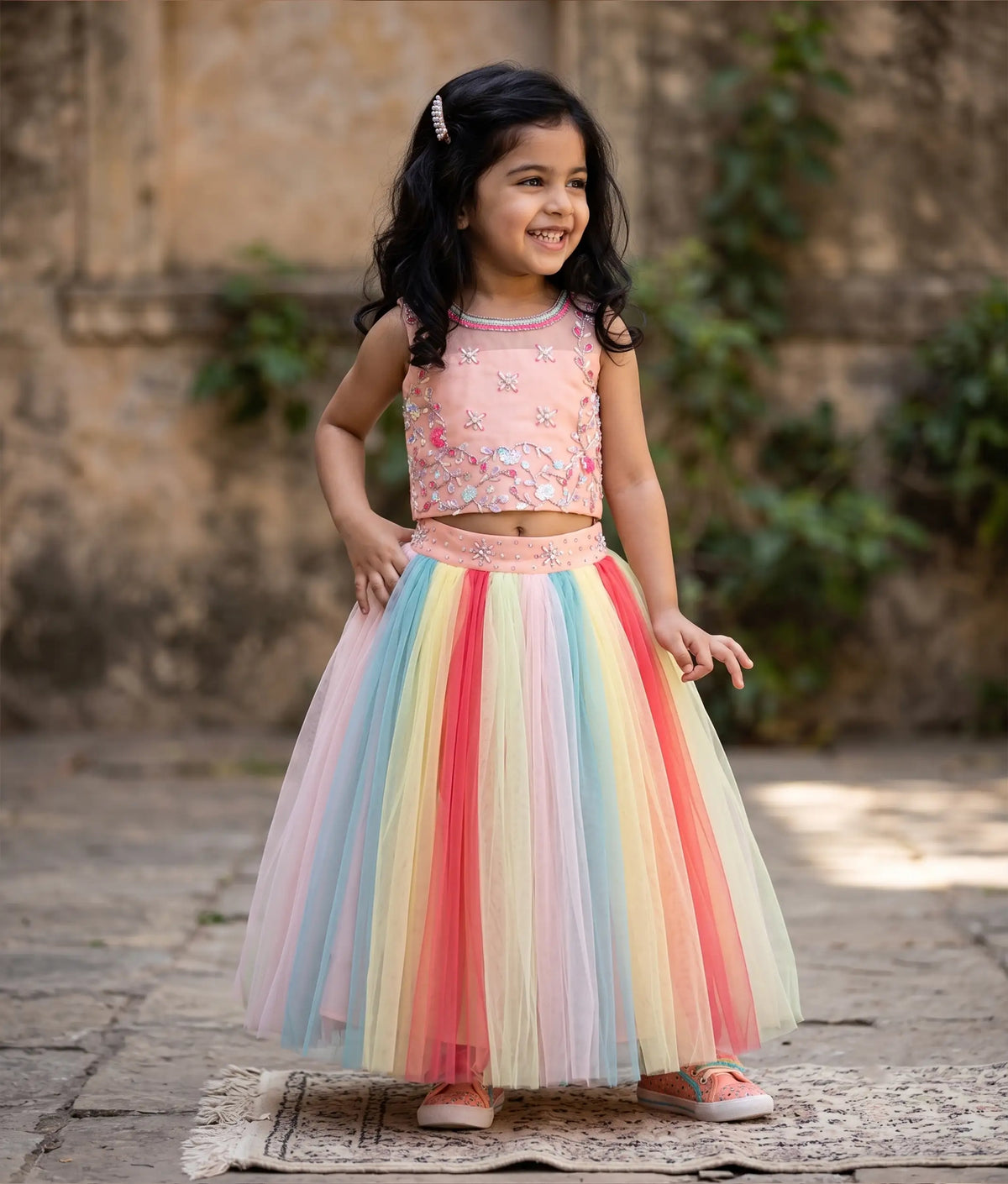 Peach Top With Multicolor Tulle Skirt For Baby Girl [7350]