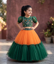 Bottle Green Crop Top With Orange Full Length Skirt For Baby Girl [7361]