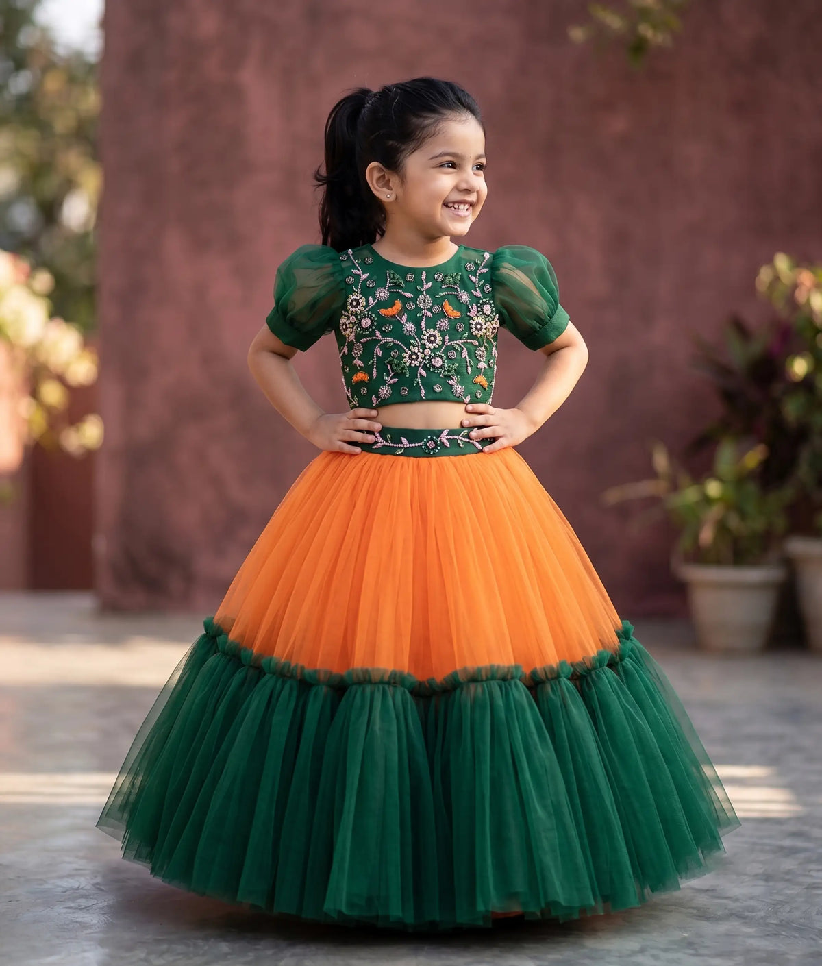 Bottle Green Crop Top With Orange Full Length Skirt For Baby Girl [7361]