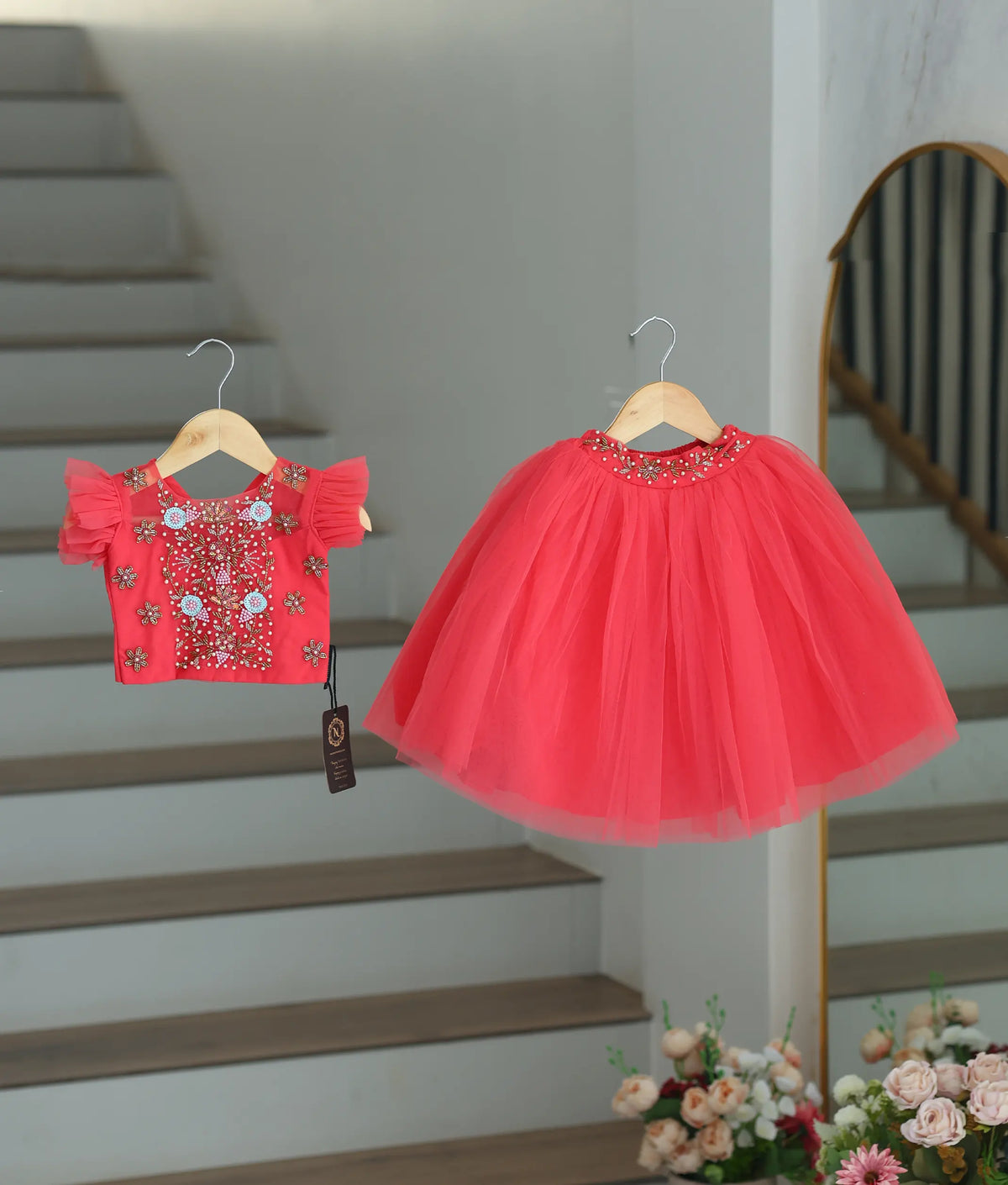 Bright Pink Handworked Crop Top with Full Length Skirt For Baby Girl [7383]