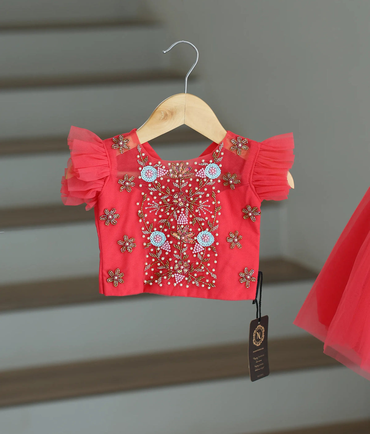 Bright Pink Handworked Crop Top with Full Length Skirt For Baby Girl [7383]