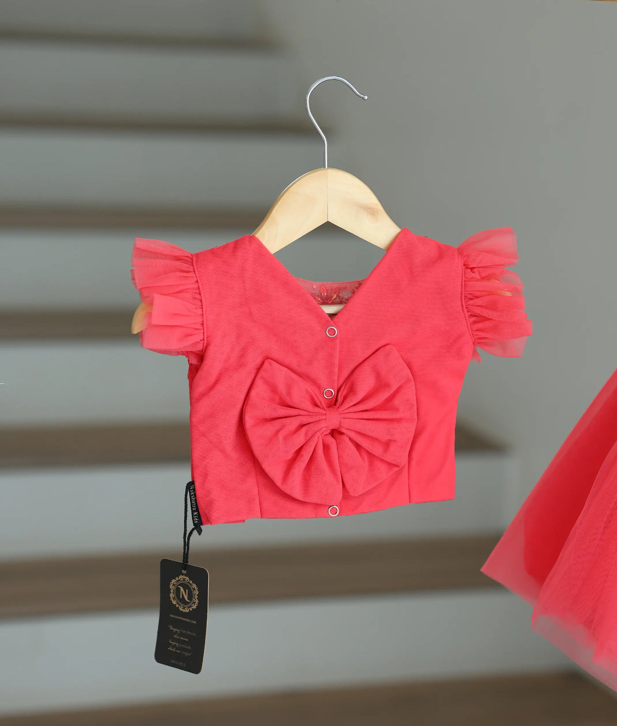 Bright Pink Handworked Crop Top with Full Length Skirt For Baby Girl [7383]