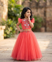 Bright Pink Handworked Crop Top with Full Length Skirt For Baby Girl [7383]