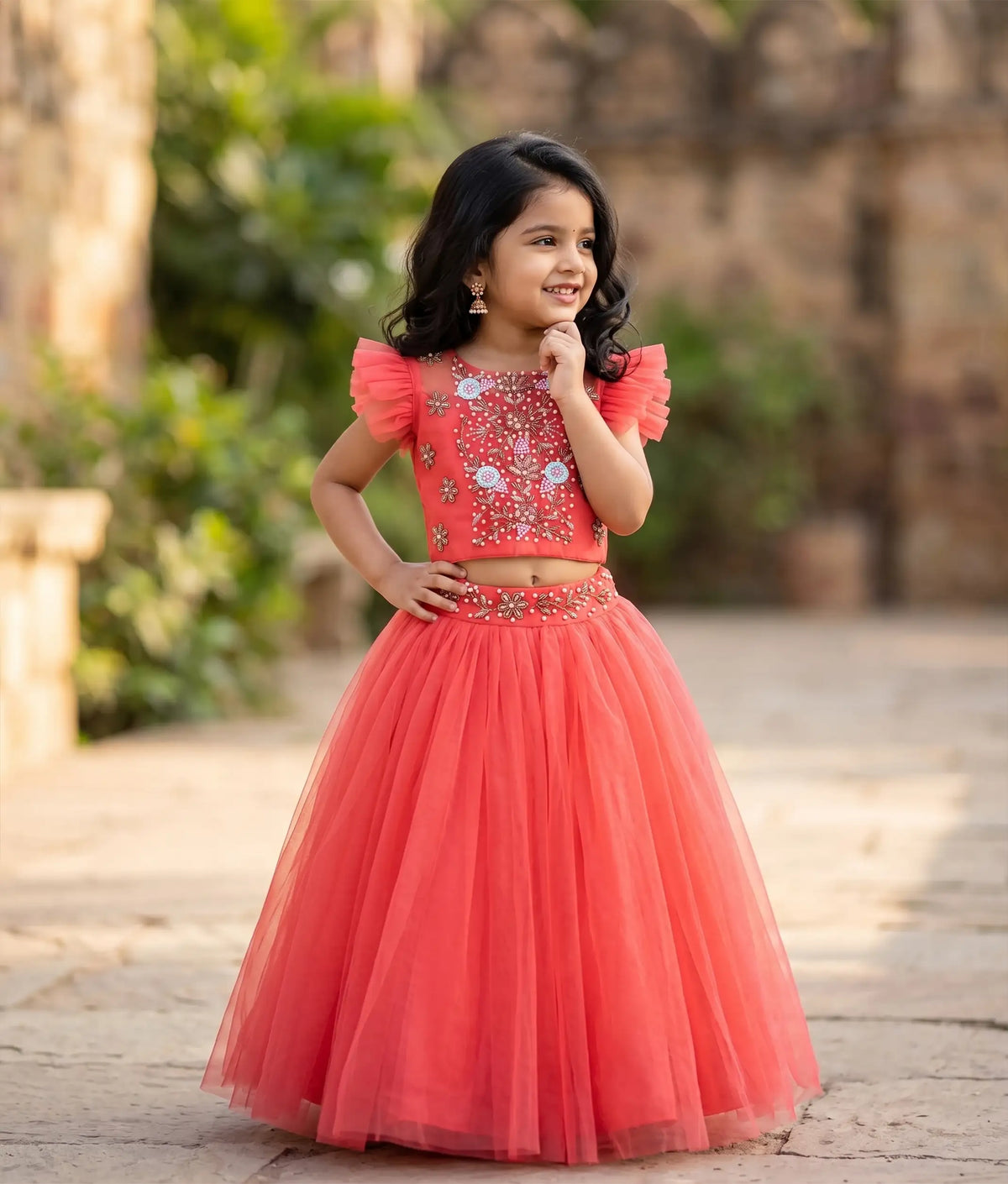 Bright Pink Handworked Crop Top with Full Length Skirt For Baby Girl [7383]
