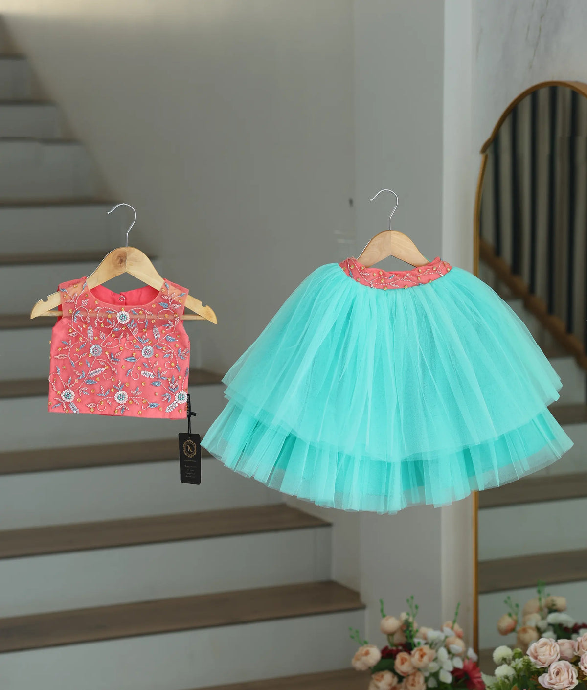Peach Tulle Net Handworked Crop Top With Full Length Ocean Blue Skirt For baby Girl [7439]