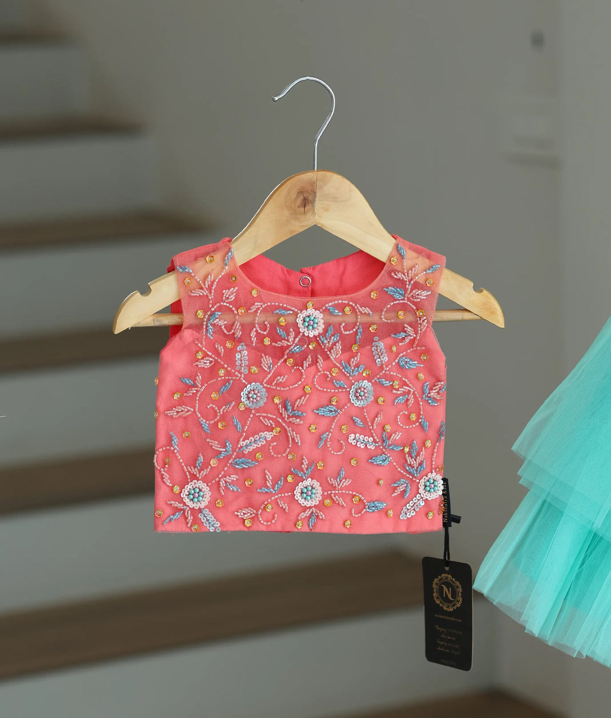 Peach Tulle Net Handworked Crop Top With Full Length Ocean Blue Skirt For baby Girl [7439]