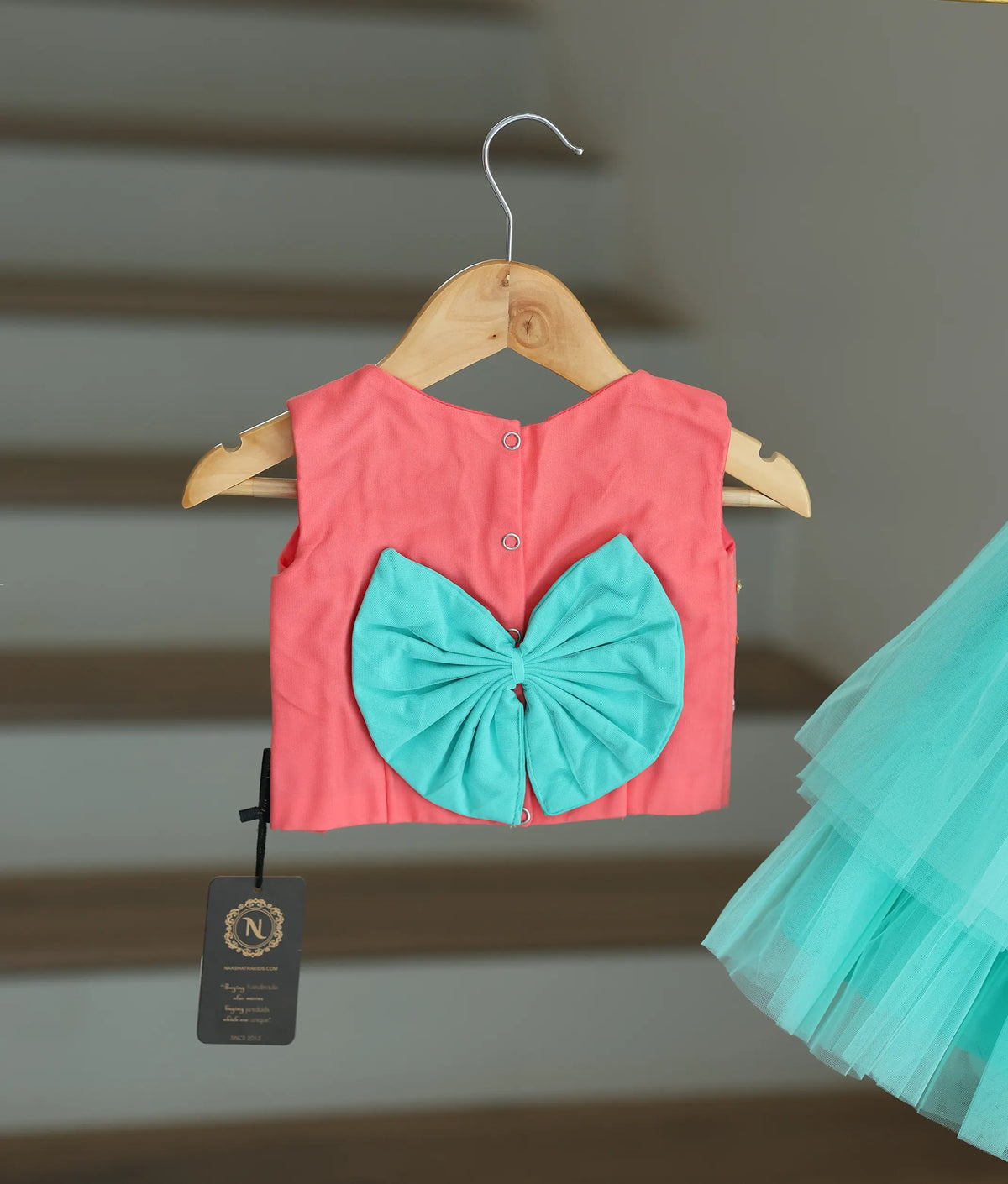 Peach Tulle Net Handworked Crop Top With Full Length Ocean Blue Skirt For baby Girl [7439]