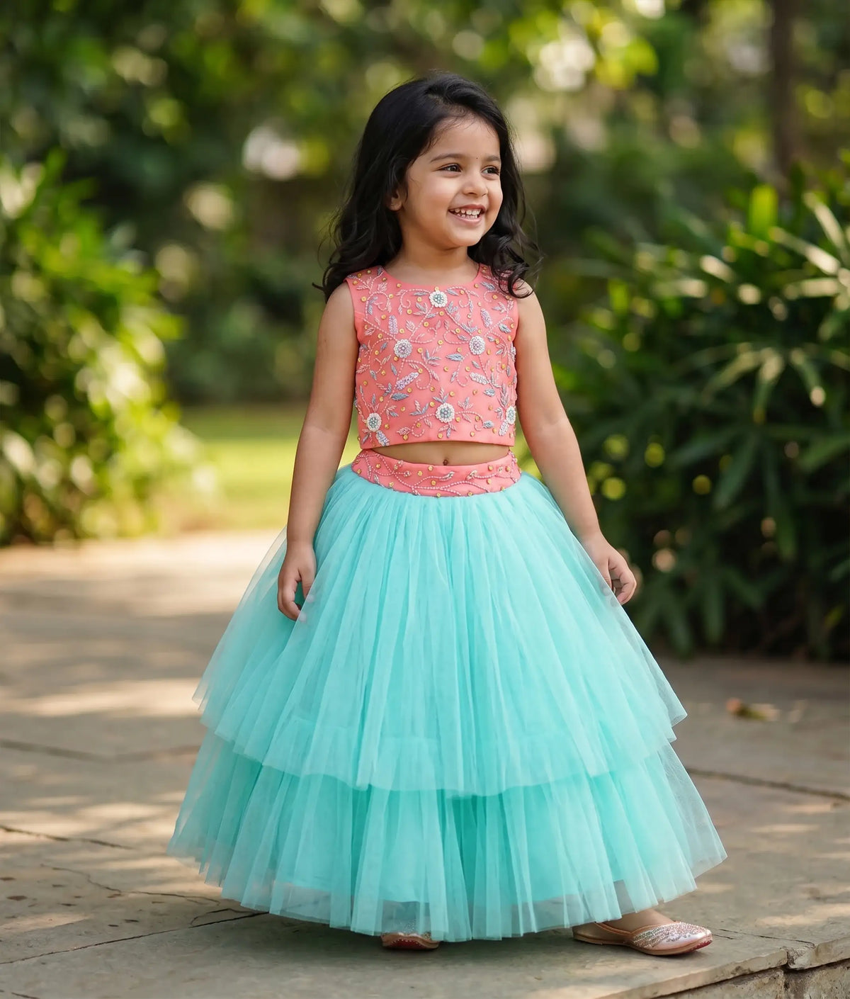 Peach Tulle Net Handworked Crop Top With Full Length Ocean Blue Skirt For baby Girl [7439]