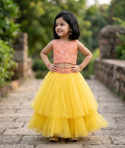 Peach Tulle Net Handworked Crop Top With Full Length Yellow Skirt For Baby Girl [7440]