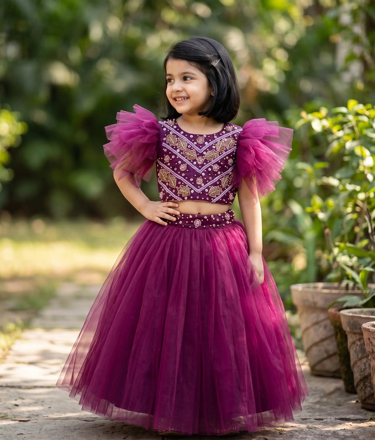 Grape Wine Tulle Net Hand worked Top with Full Length Skirt for Baby Girl [7459]