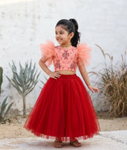 Peach Handwork Crop Top with Maroon Full Length Skirt For Diwali [7460]