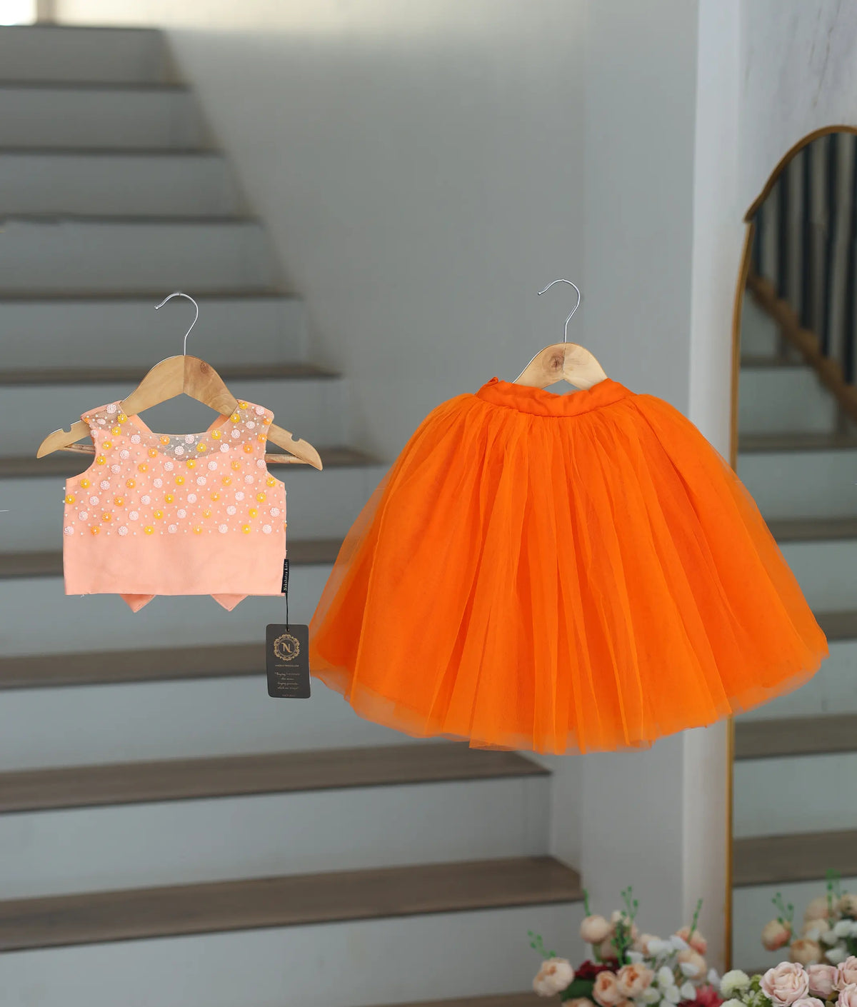 Peach Handwork Crop Top With Orange Full Length Skirt For Baby Girl [7475]