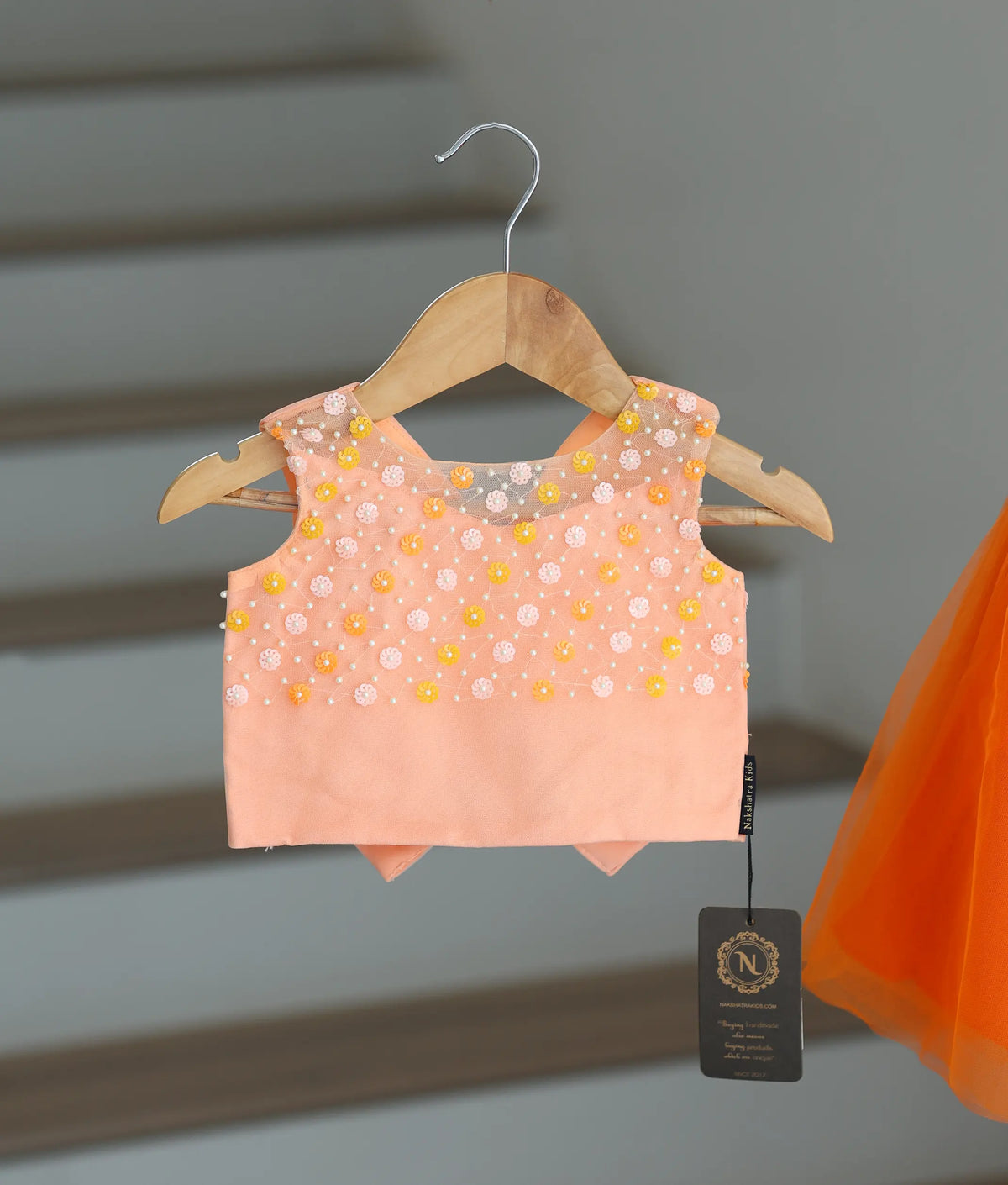 Peach Handwork Crop Top With Orange Full Length Skirt For Baby Girl [7475]