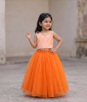 Peach Handwork Crop Top With Orange Full Length Skirt For Baby Girl [7475]