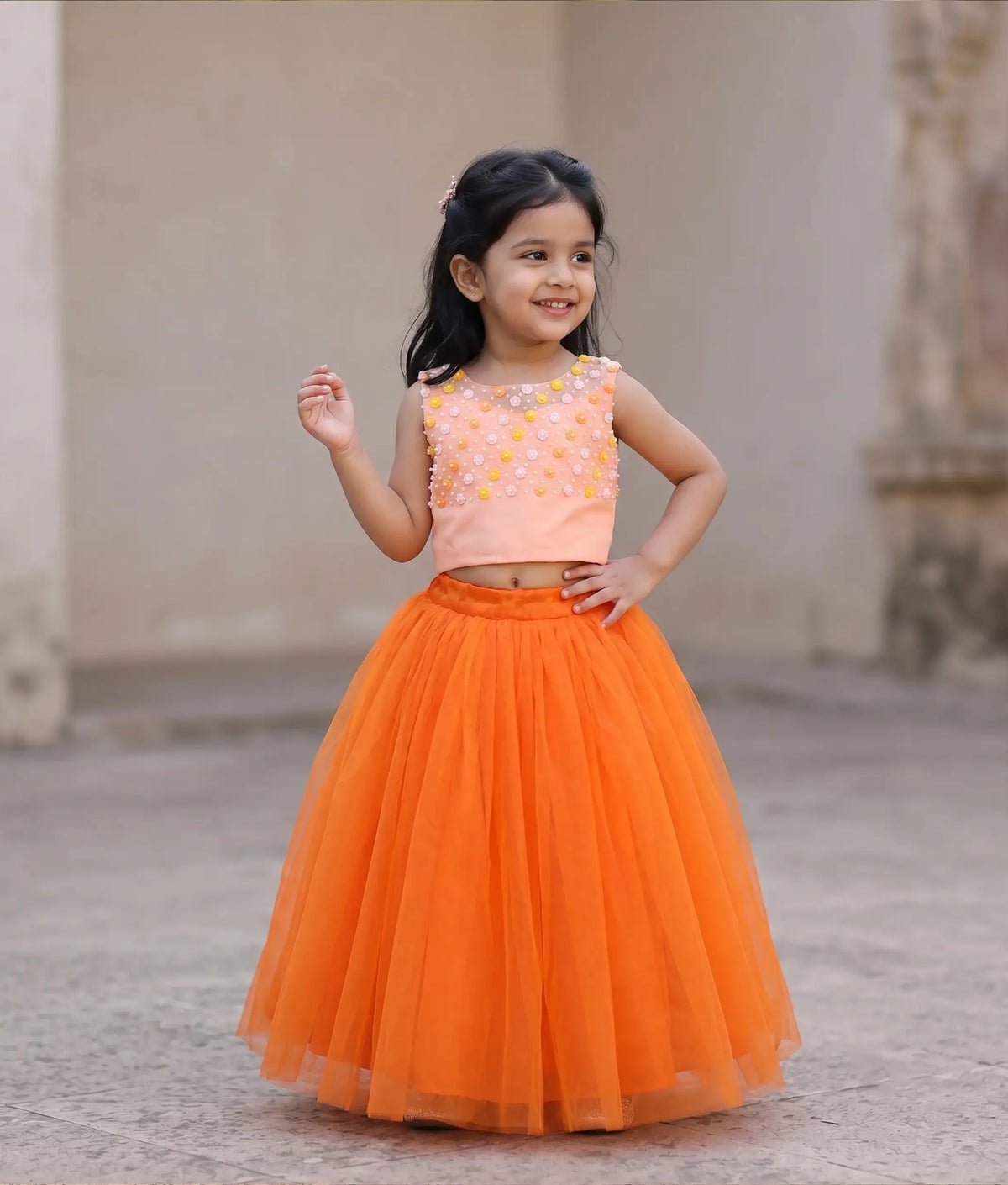 Peach Handwork Crop Top With Orange Full Length Skirt For Baby Girl [7475]
