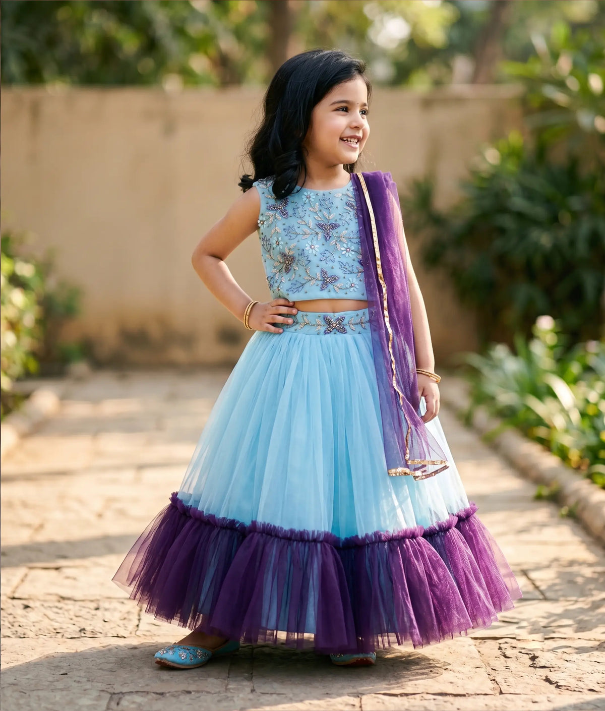 Sky Blue Tulle Net Handworked Crop Top With Skirt For Diwali [7569A]