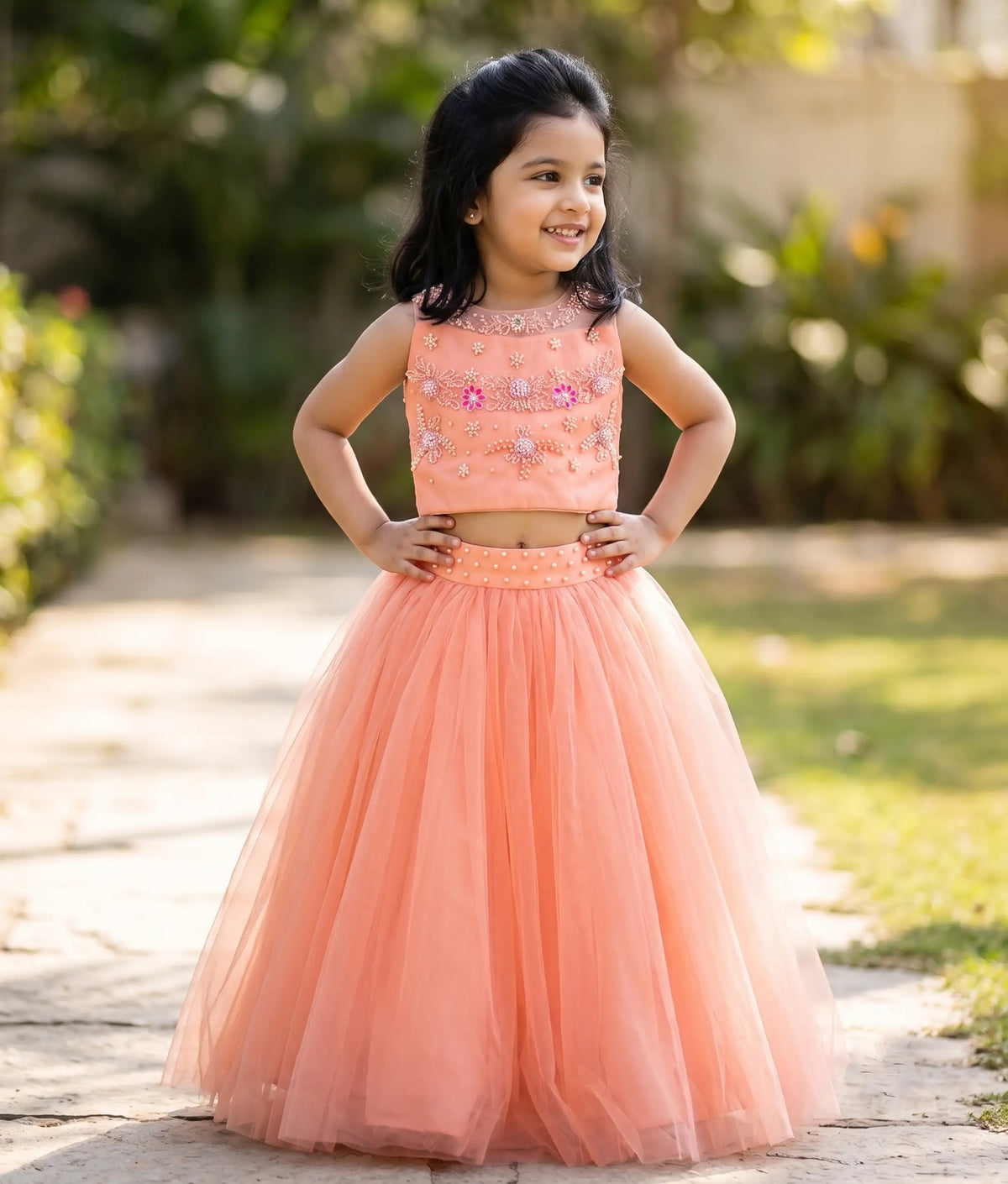 Peach Tulle Net Handworked Crop Top with Full Length Skirt For Baby Girl [7574]