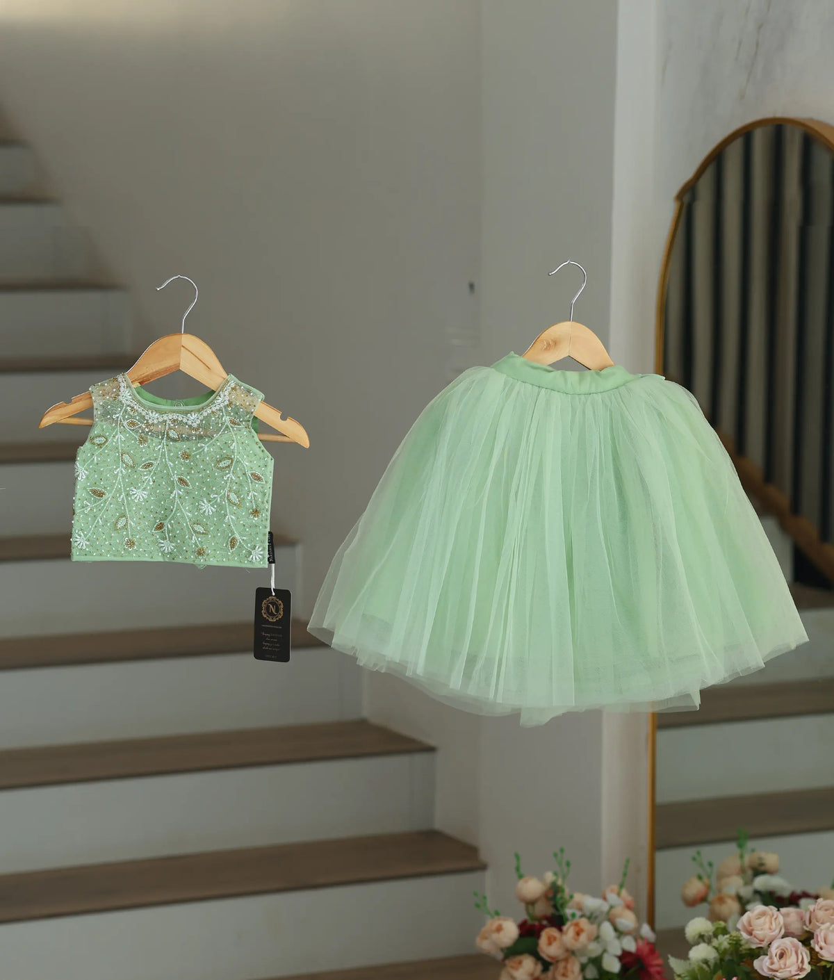 Pastel Green Handworked Crop Top with Skirt For Baby Girl [7576A]