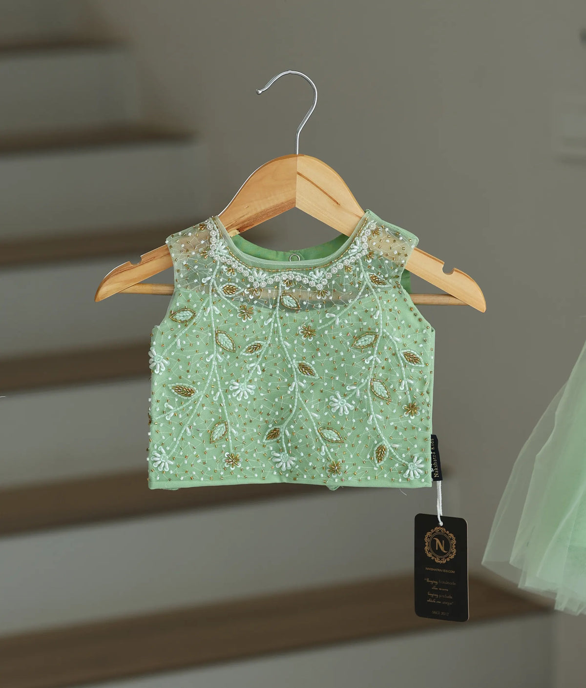 Pastel Green Handworked Crop Top with Skirt For Baby Girl [7576A]