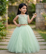 Pastel Green Handworked Crop Top with Skirt For Baby Girl [7576A]
