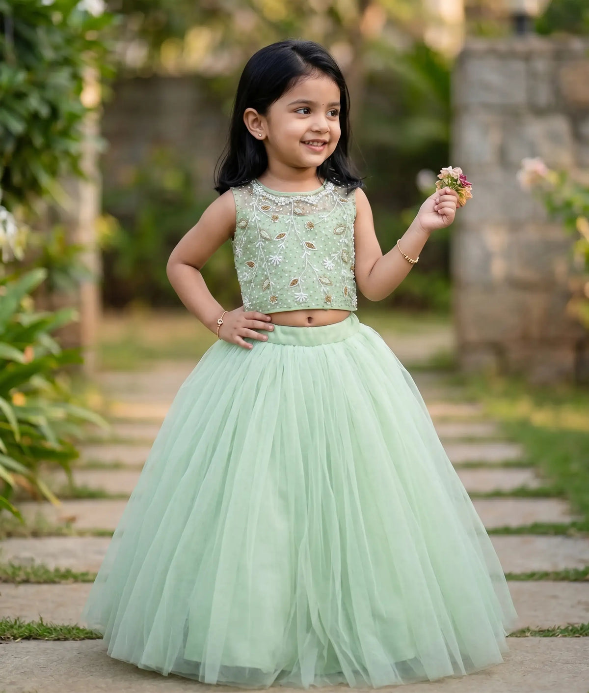 Pastel Green Handworked Crop Top with Skirt For Baby Girl [7576A]
