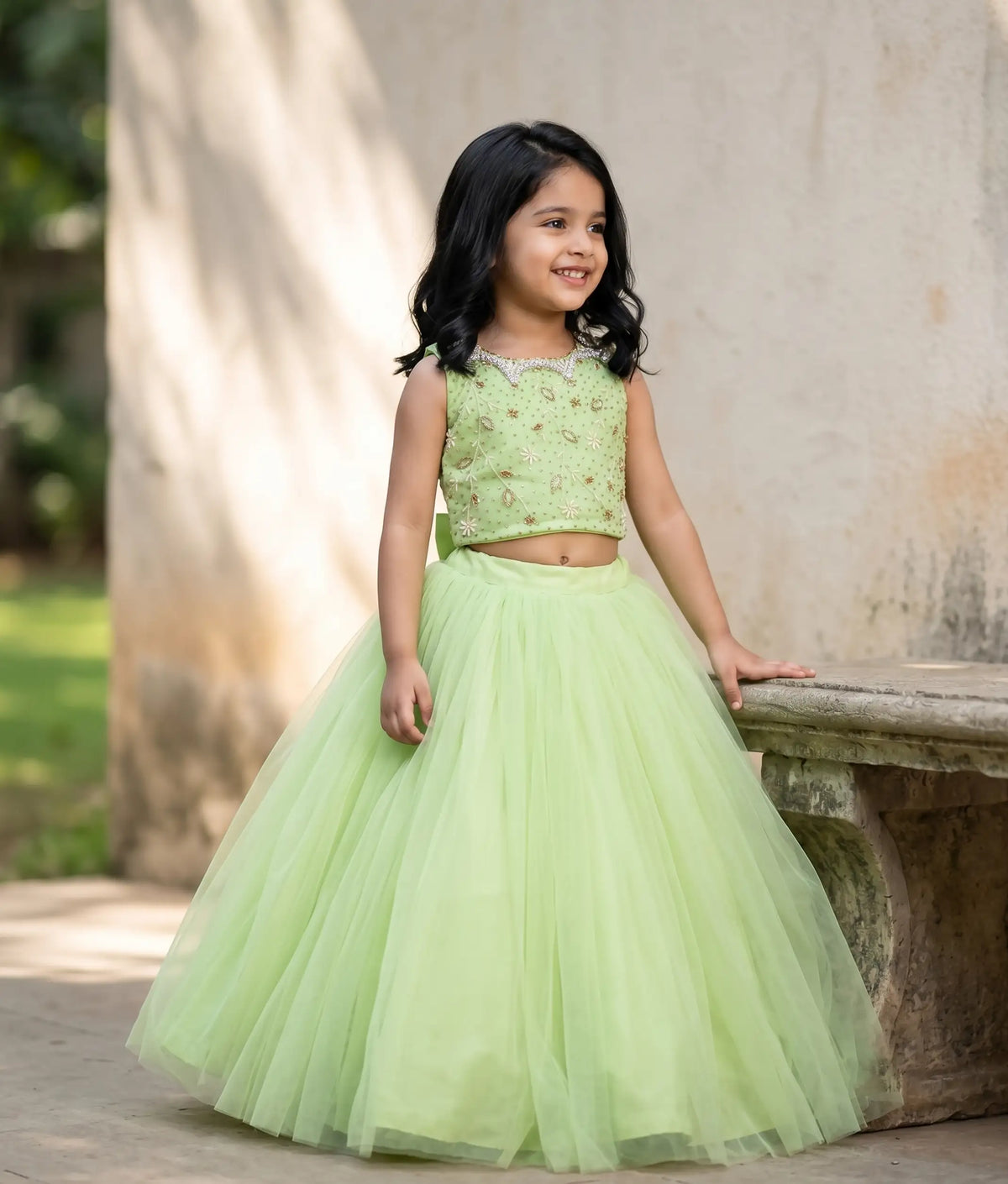 Pastel Green Handwork Crop Top with Full Length Skirt For Baby Girl [7576]