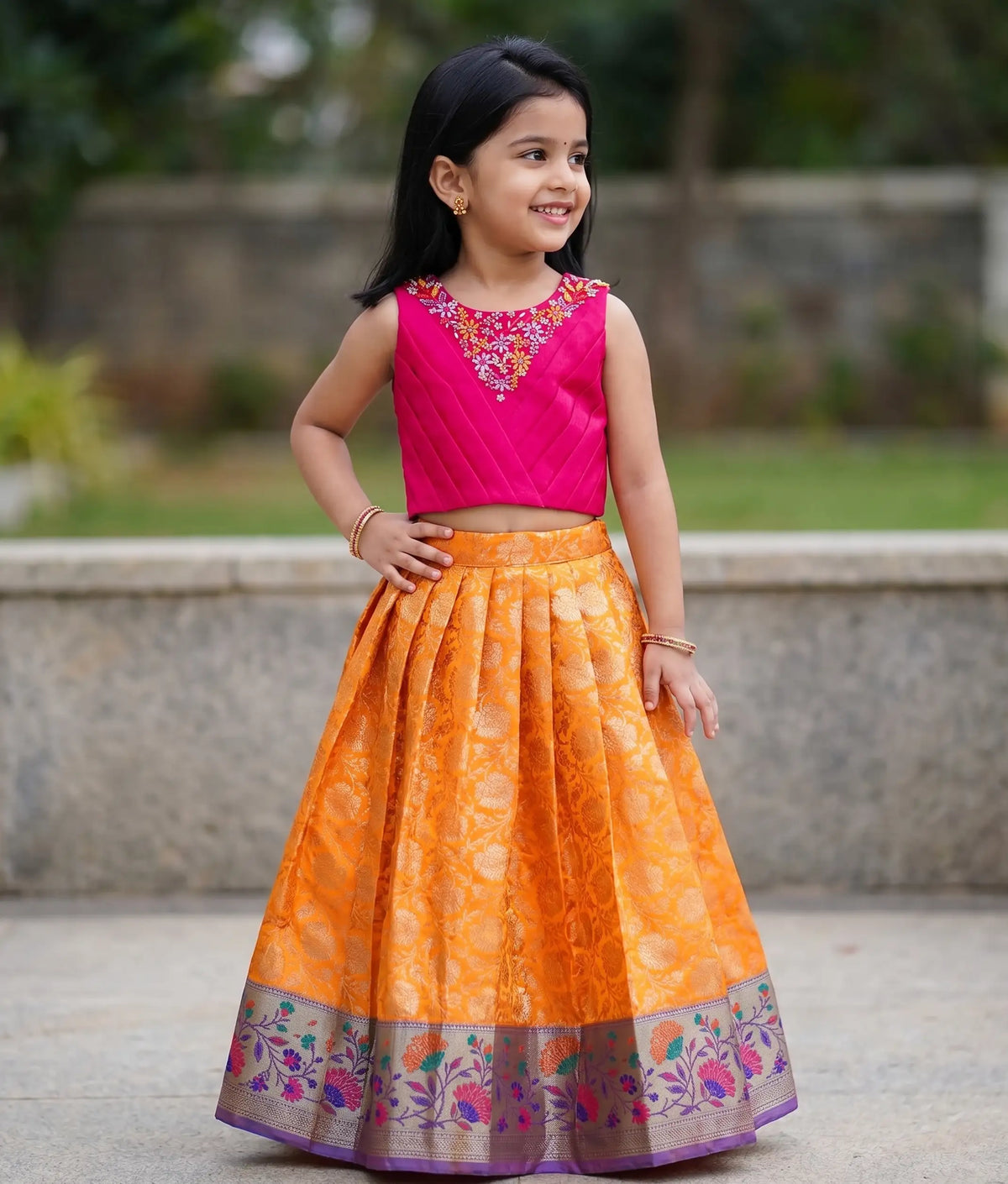 Pink Handworked Top With Banarsi Skirt For Diwali [7592]