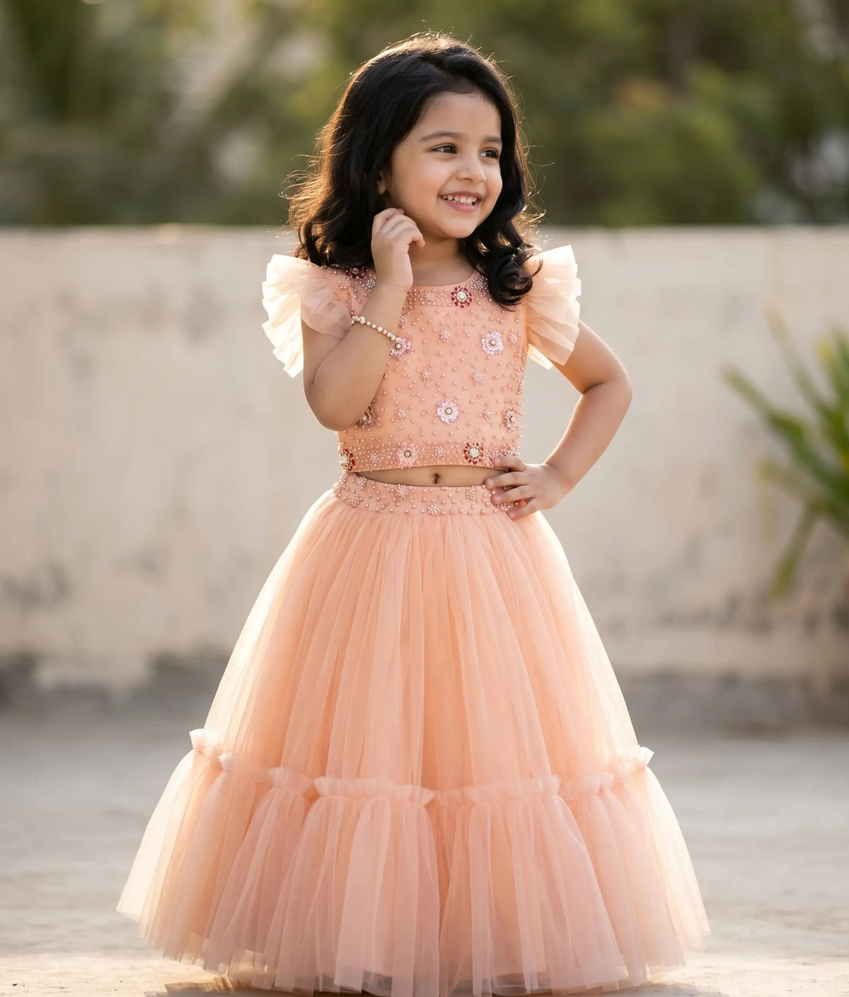 Peach Tulle Net Handworked Crop Top With full Length Skirt For Baby Girl [7613]