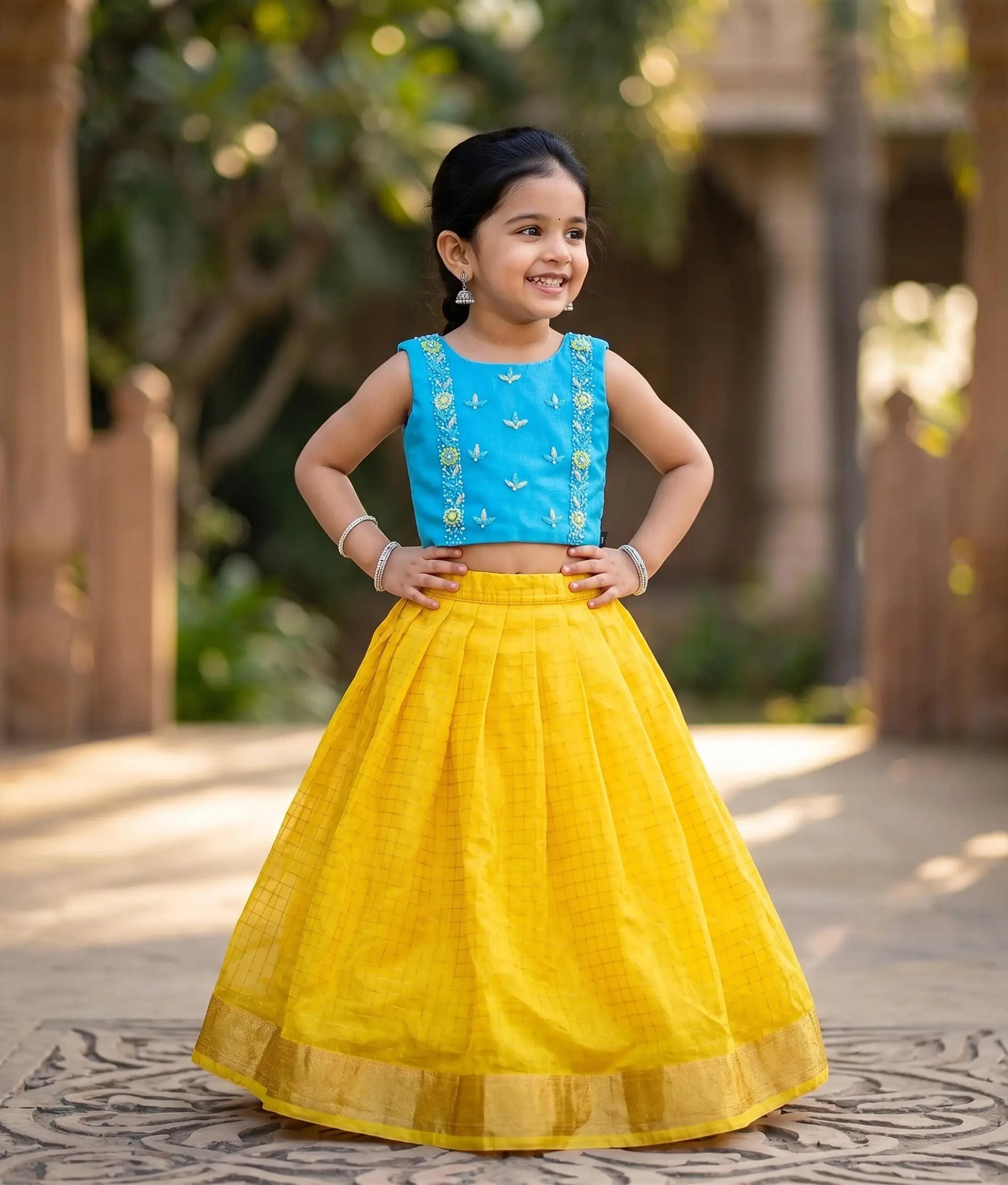 Blue Handworked Tulle Net Top with Yellow Organza full Skirt for Baby Girl [7615]