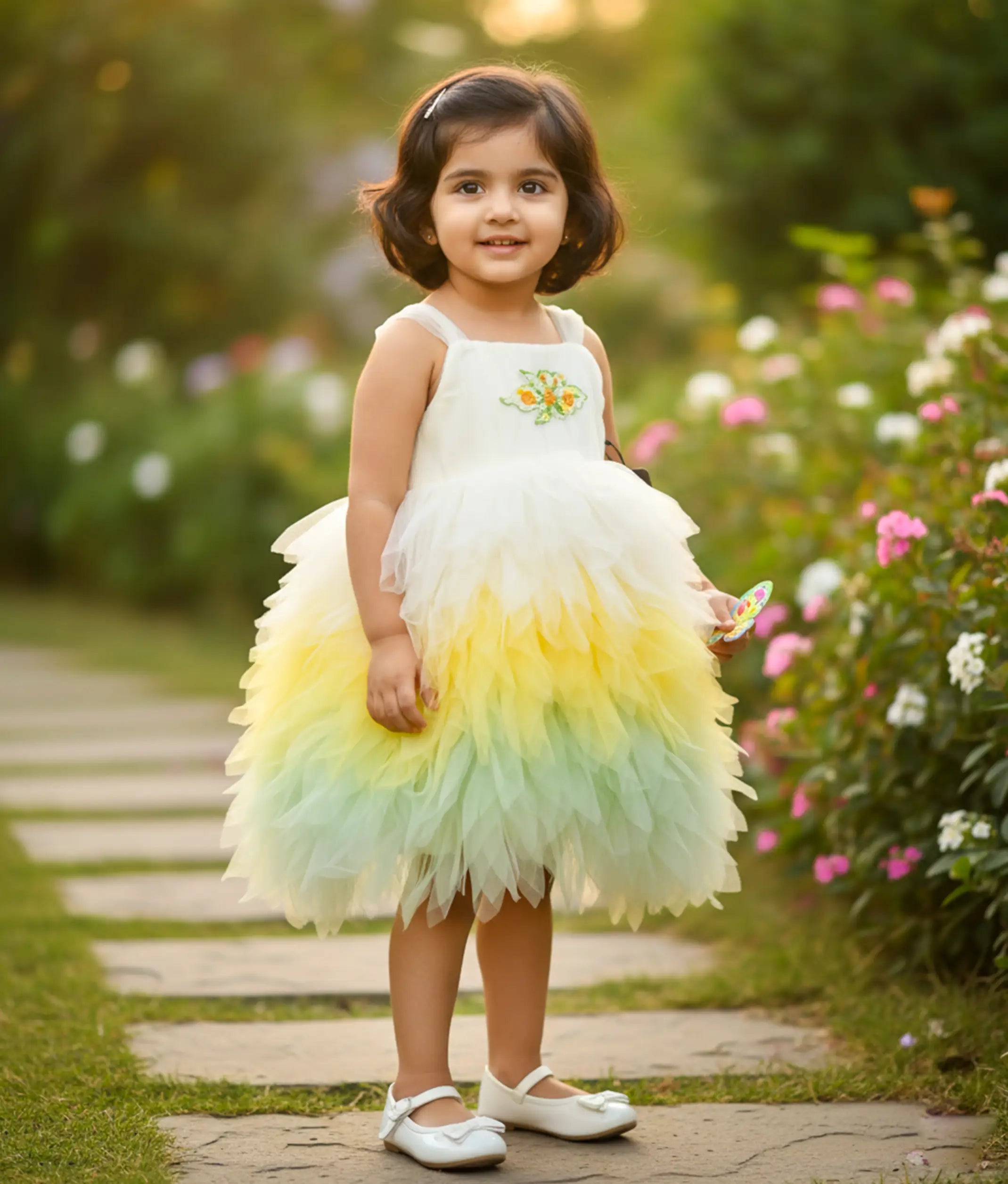 Multi-Colour Tulle Net Handworked Feather Birthday Frock For Baby Girl [7641]