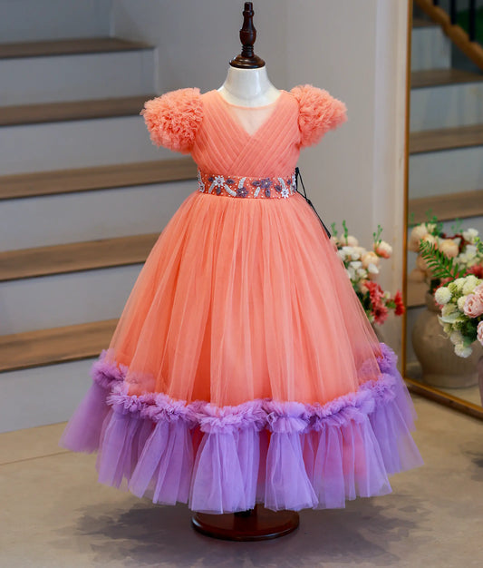 Peach Tulle Net Handworked Birthday Frock For Your Little One [Ready to ship :7648]