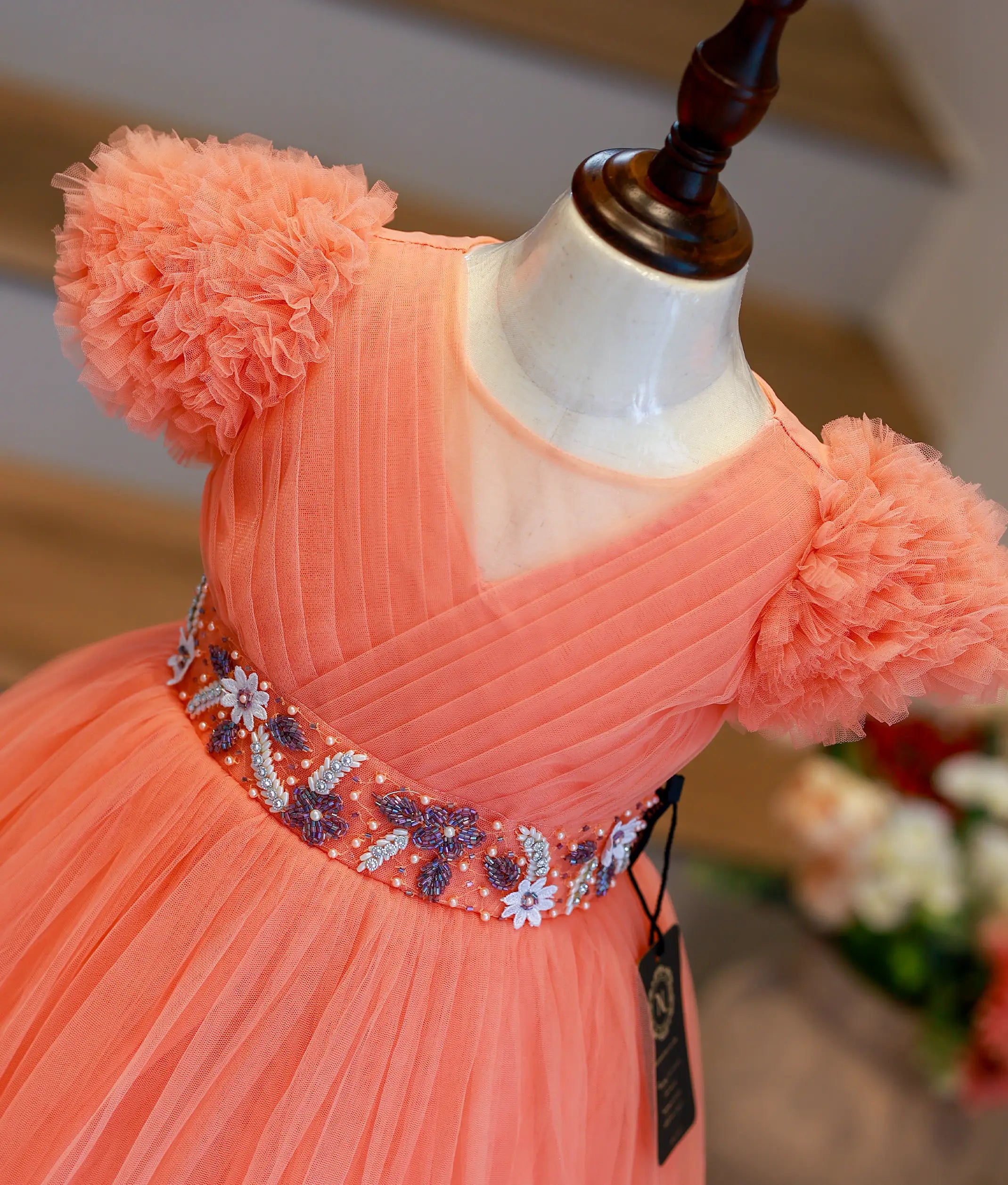 Peach Tulle Net Handworked Birthday Frock For Your Little One [Ready to ship :7648]