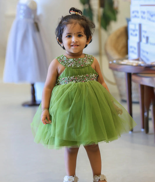 Olive Green Handworked Birthday Frock For Your Baby Girl [Ready to ship : 7666]