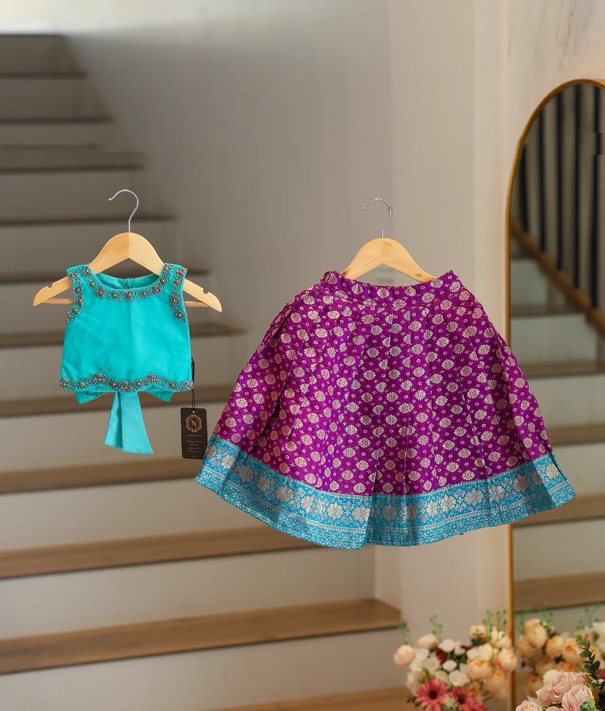 Ocean Blue Handworked  Crop Top With Banarsi Full Length Skirt For Diwali [7677]
