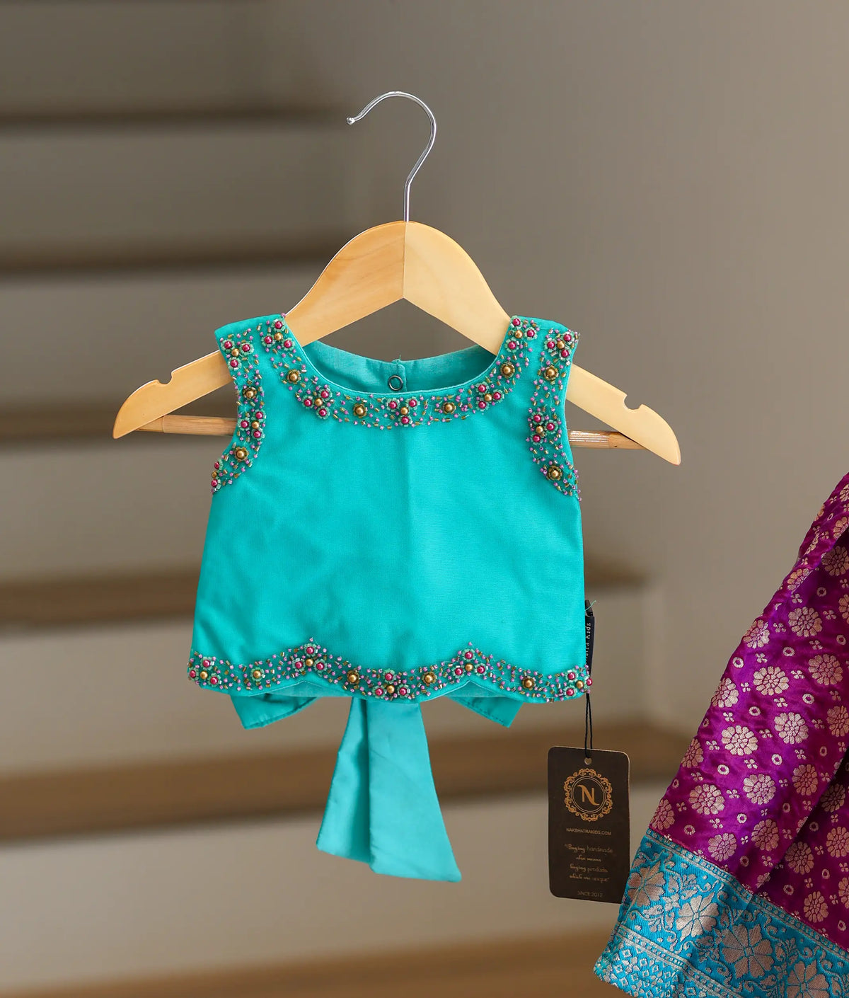 Ocean Blue Handworked  Crop Top With Banarsi Full Length Skirt For Diwali [7677]