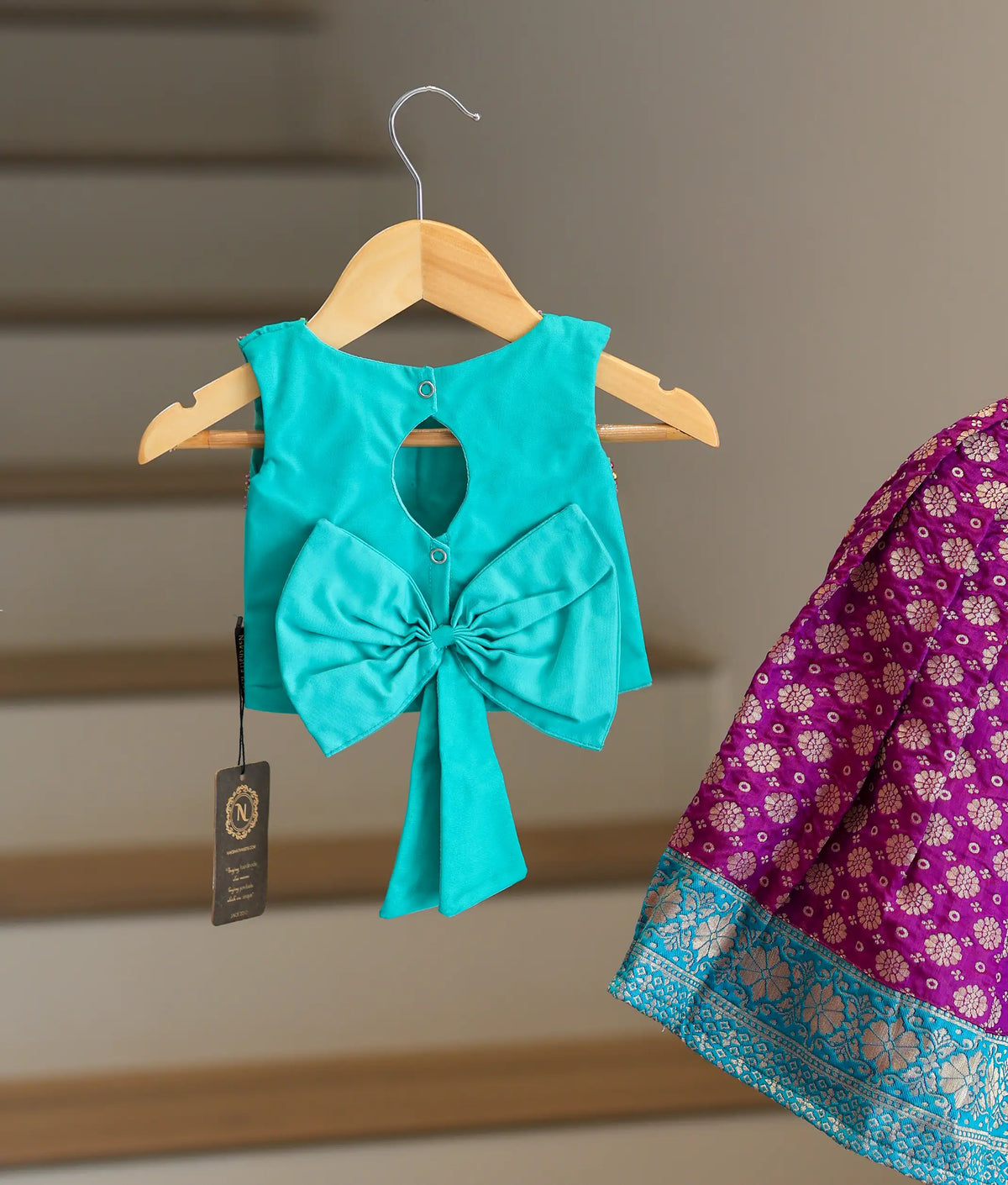 Ocean Blue Handworked  Crop Top With Banarsi Full Length Skirt For Diwali [7677]