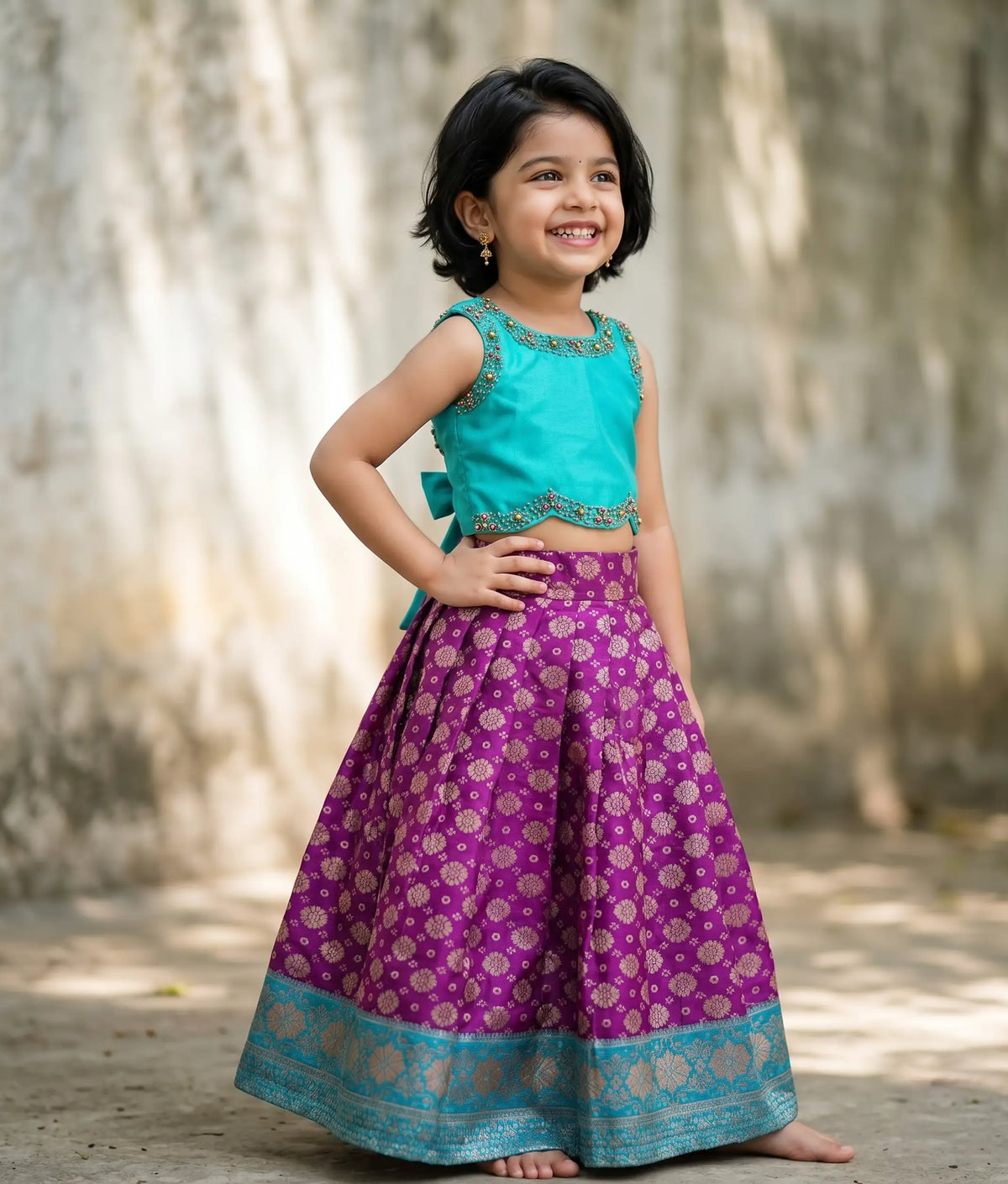 Ocean Blue Handworked  Crop Top With Banarsi Full Length Skirt For Diwali [7677]