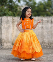 Orange Tulle Net Handworked Top with  Yellow Chanderi Full Length Skirt For Pongal [7678]