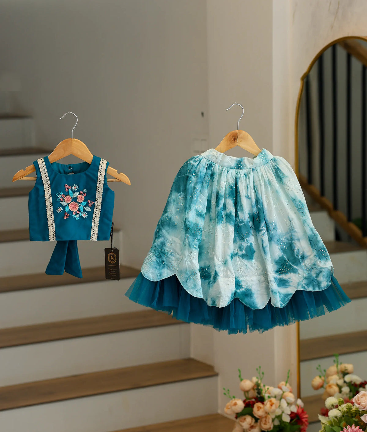Peacock Blue Embroidery Crop Top With Full Length Organza Skirt For Pongal [7700]
